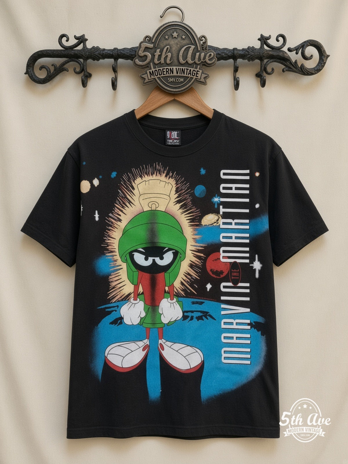 Looney Tunes Marvin the Martian Portrait all over print vintage cartoon t-shirt front on cream 5th Ave rack