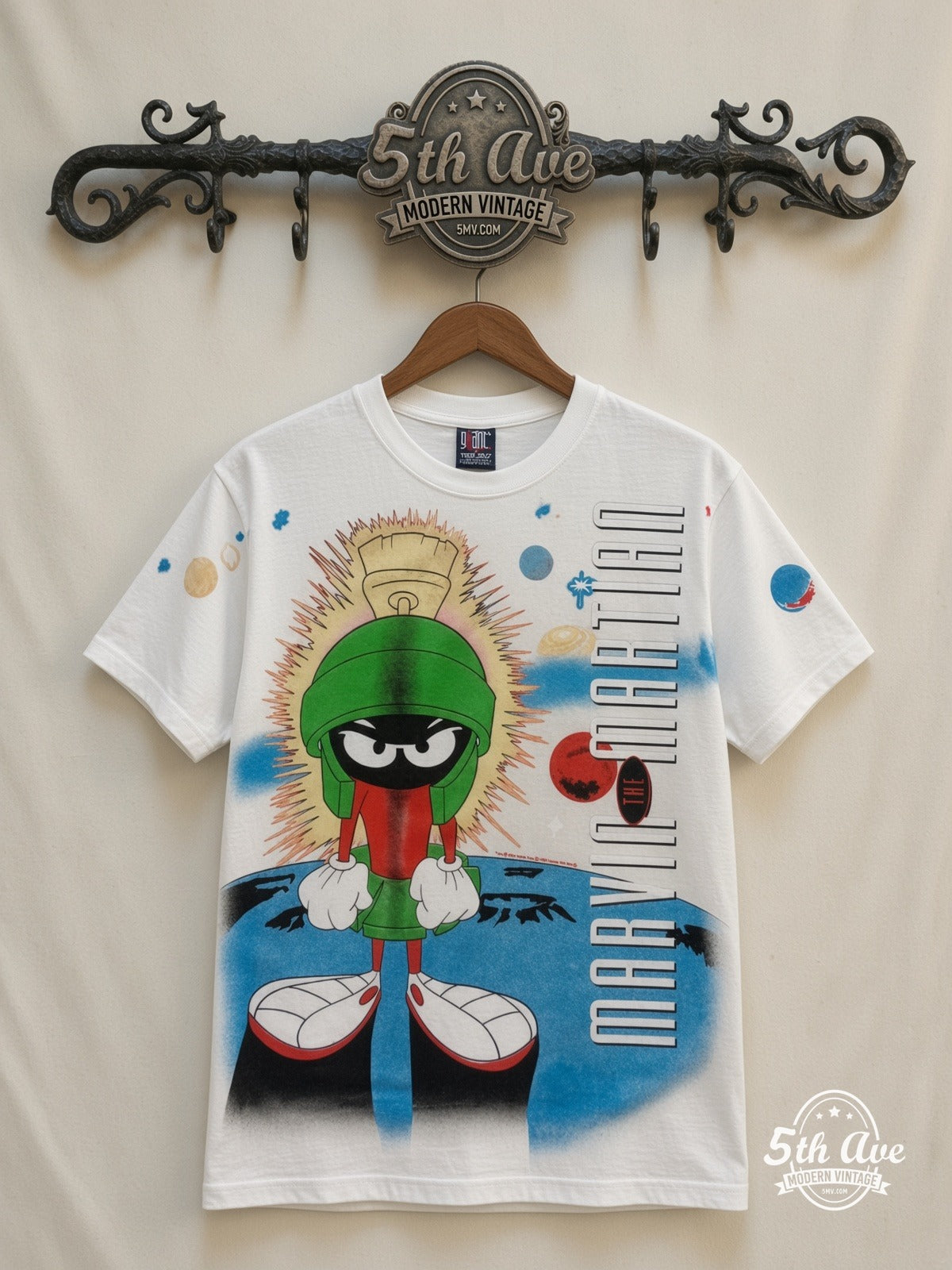 Looney Tunes Marvin the Martian Portrait all over print vintage cartoon t-shirt front on cream 5th Ave rack