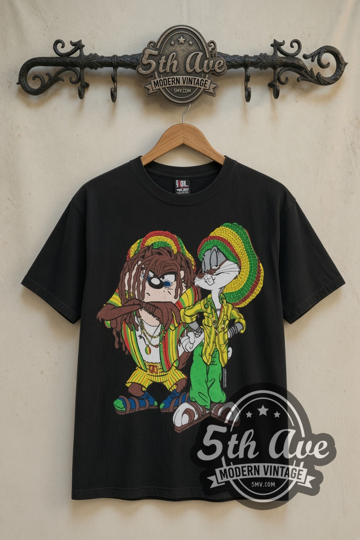 Looney Tunes Rasta Bugs and Taz cartoon tee in black, front view on a display rack