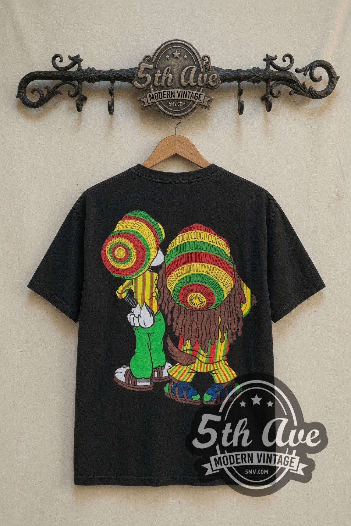 Looney Tunes Rasta Bugs and Taz cartoon tee in black, back view on a display rack