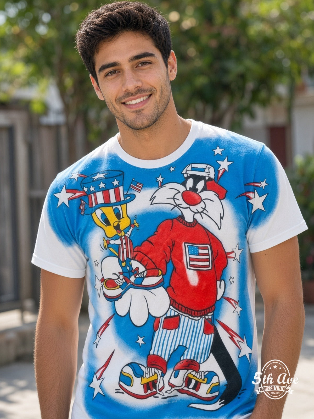 Looney Tunes Sylvester Uncle Sam Patriotic vintage tee model wearing