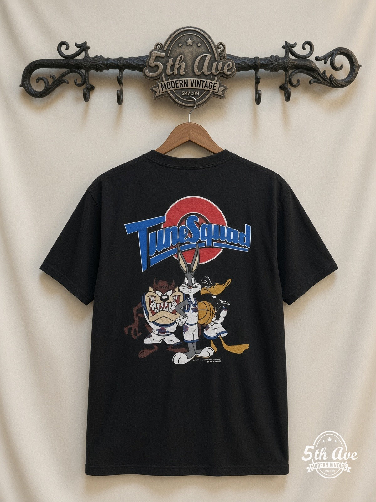 Looney Tunes Circle Badge Group Black vintage tee back on cream 5th Ave rack