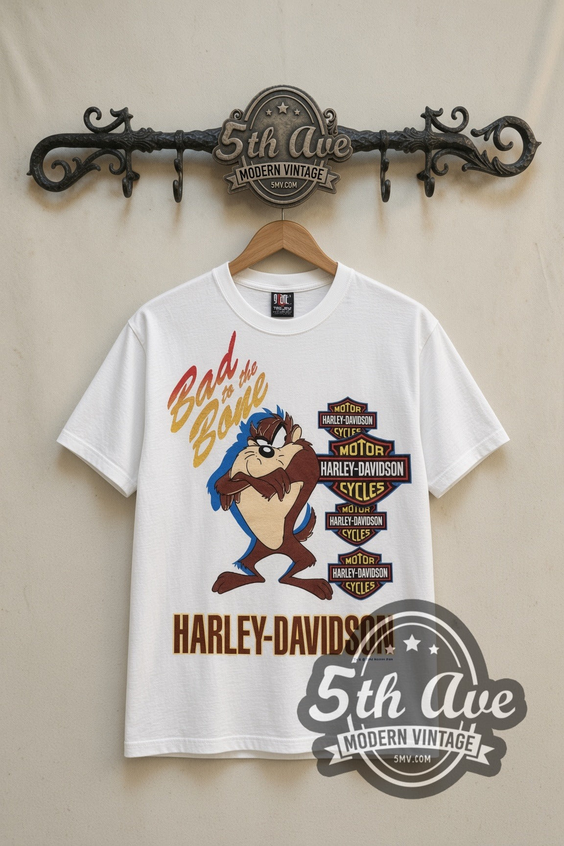 Looney Tunes Taz Bad to the Bone Harley cartoon tee in white, front view on a display rack