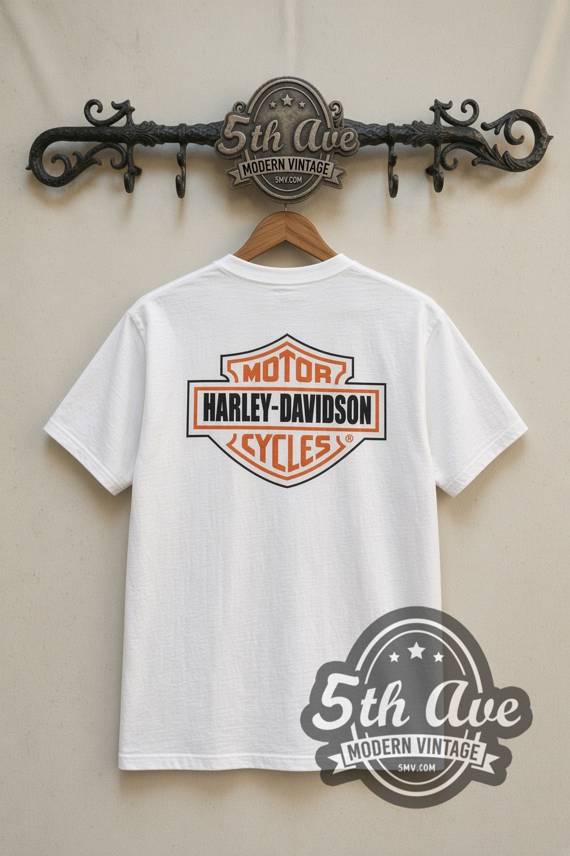 Looney Tunes Taz Bad to the Bone Harley cartoon tee in white, back view on a display rack