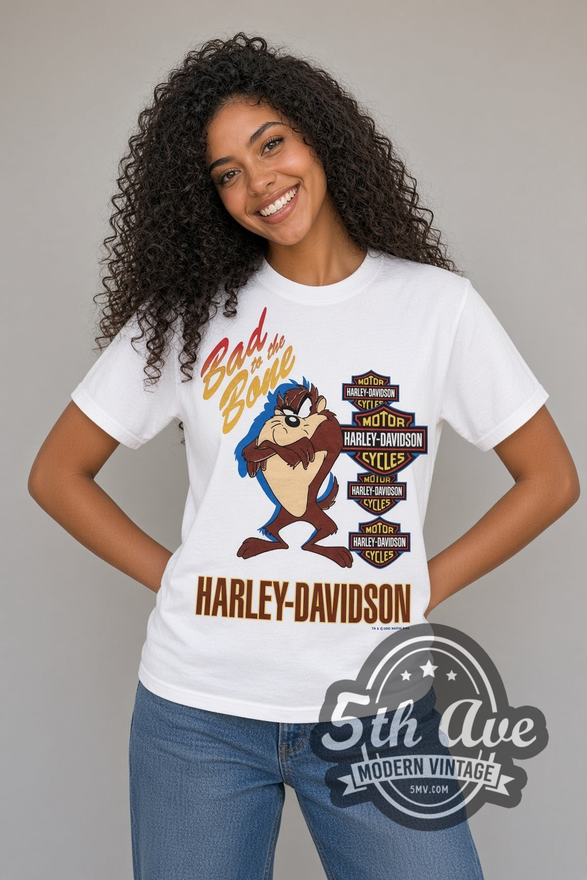 Model wearing the Looney Tunes Taz Bad to the Bone Harley cartoon tee in white