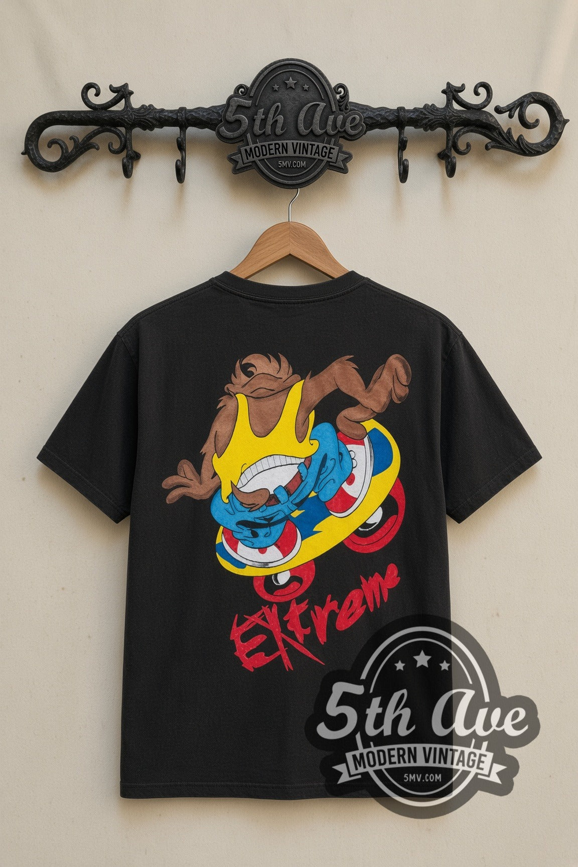 Looney Tunes Taz Extreme Skate cartoon tee in black, back view on a display rack