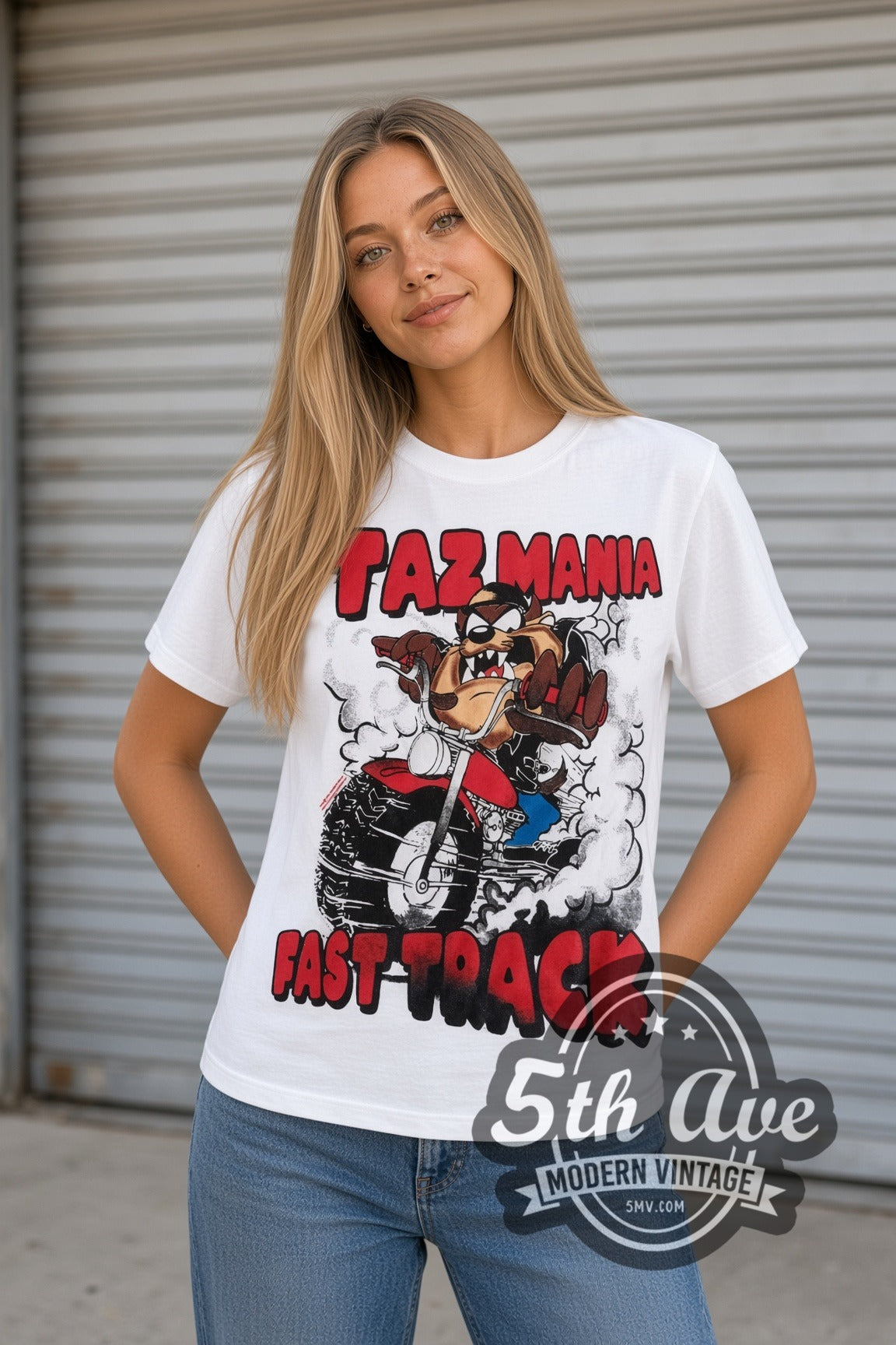 Model wearing the Looney Tunes Taz Fast Track cartoon tee in white