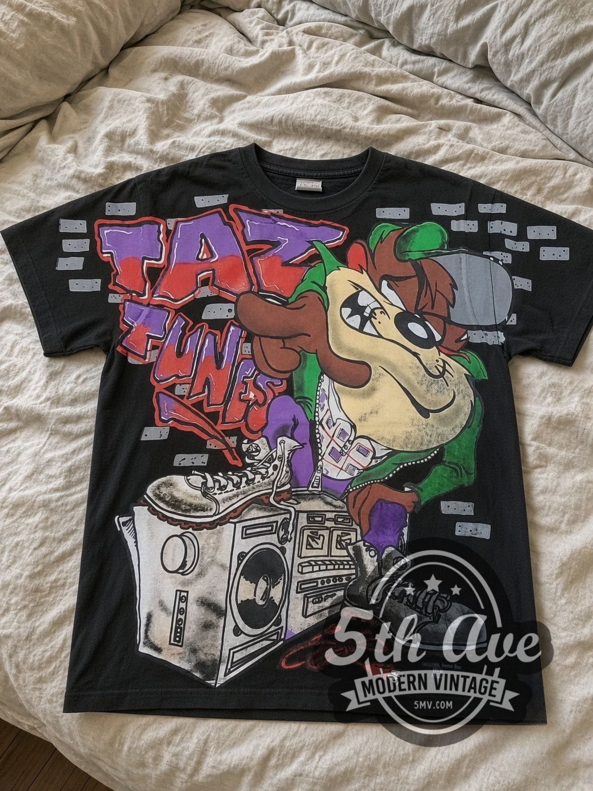 Looney Tunes Taz Funk Boombox all-over-print vintage cartoon tee in black laid flat