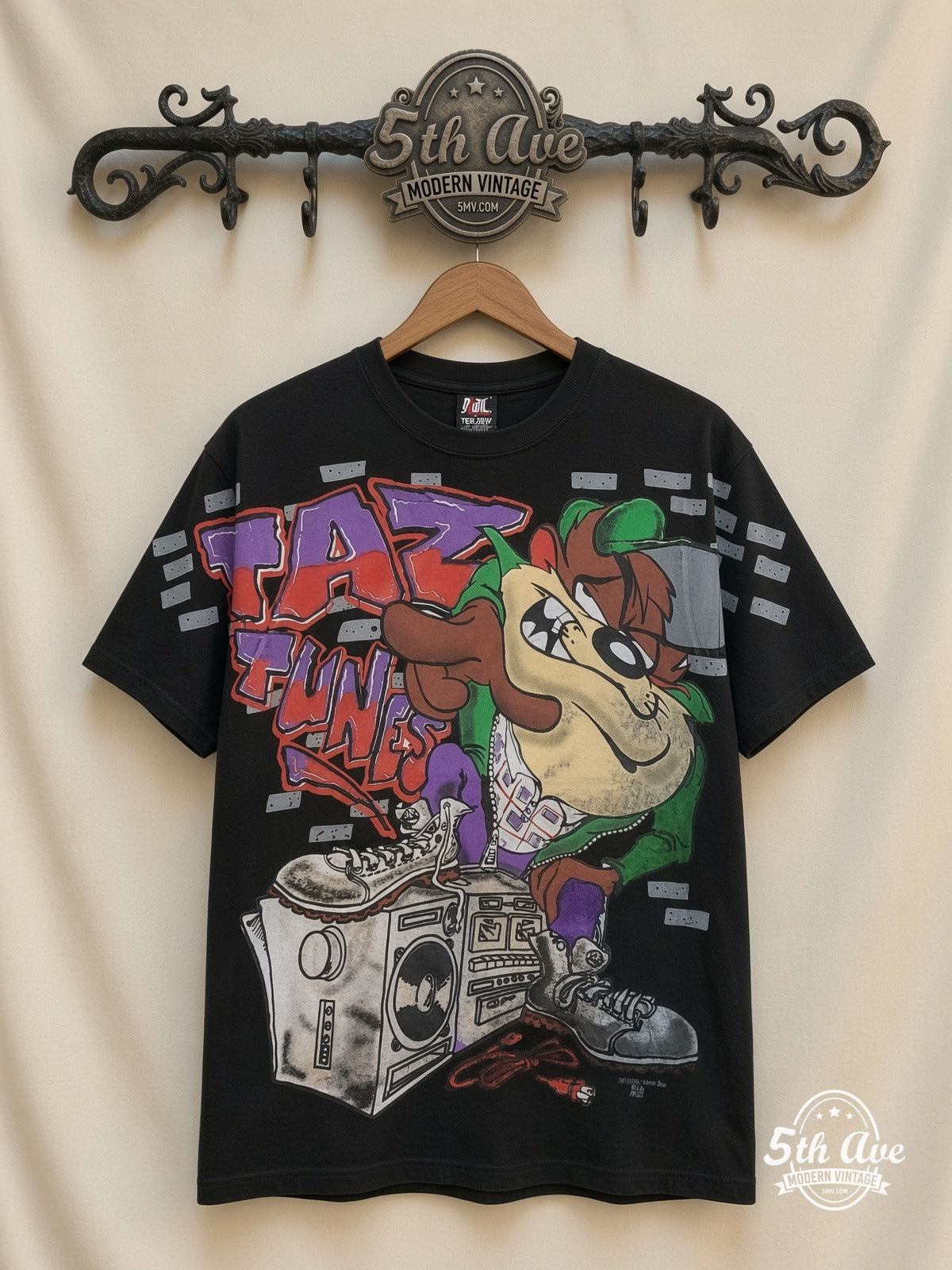 Looney Tunes Taz Funk Boombox all over print vintage cartoon t-shirt front on cream 5th Ave rack