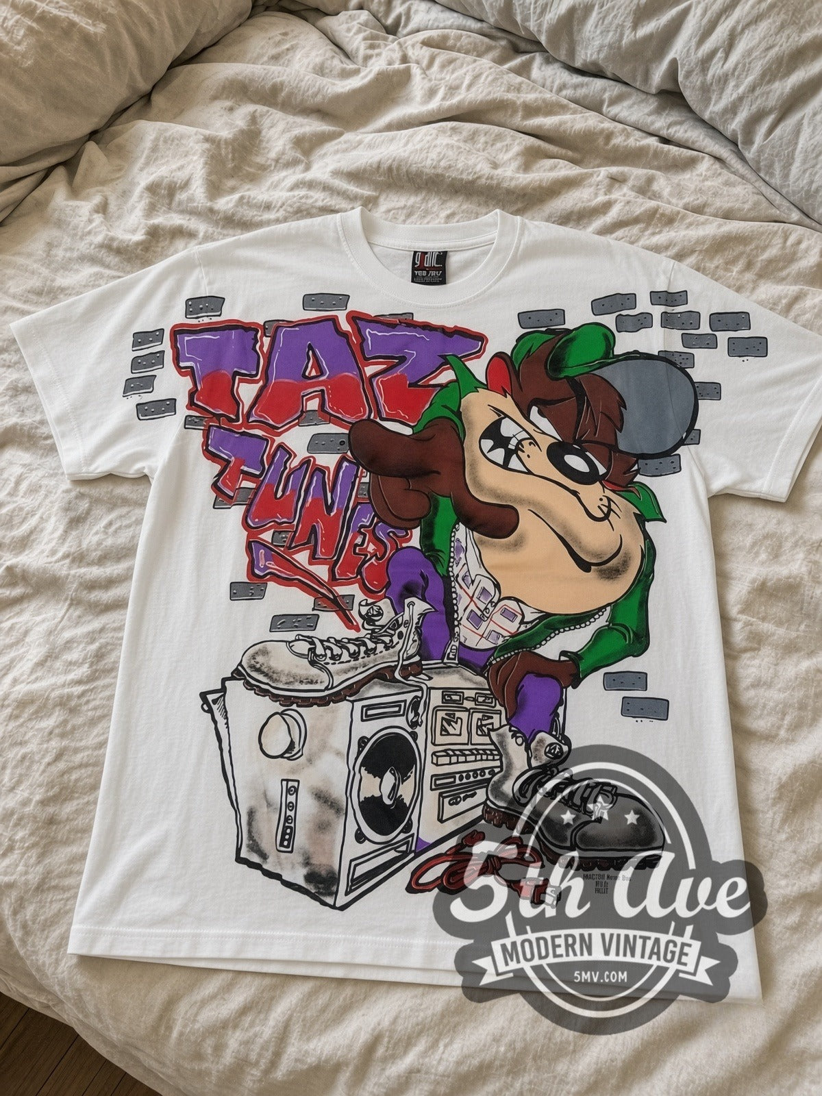 Looney Tunes Taz Funk Boombox all-over-print vintage cartoon tee in white laid flat
