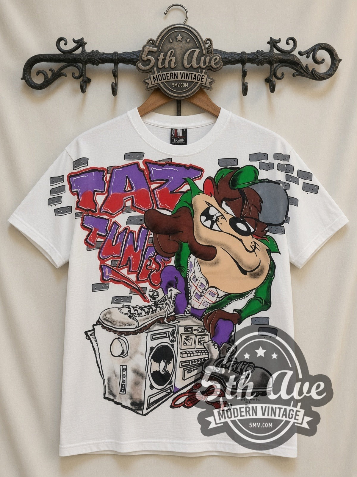 Looney Tunes Taz Funk Boombox all-over-print vintage cartoon t-shirt in white, front view on a display rack
