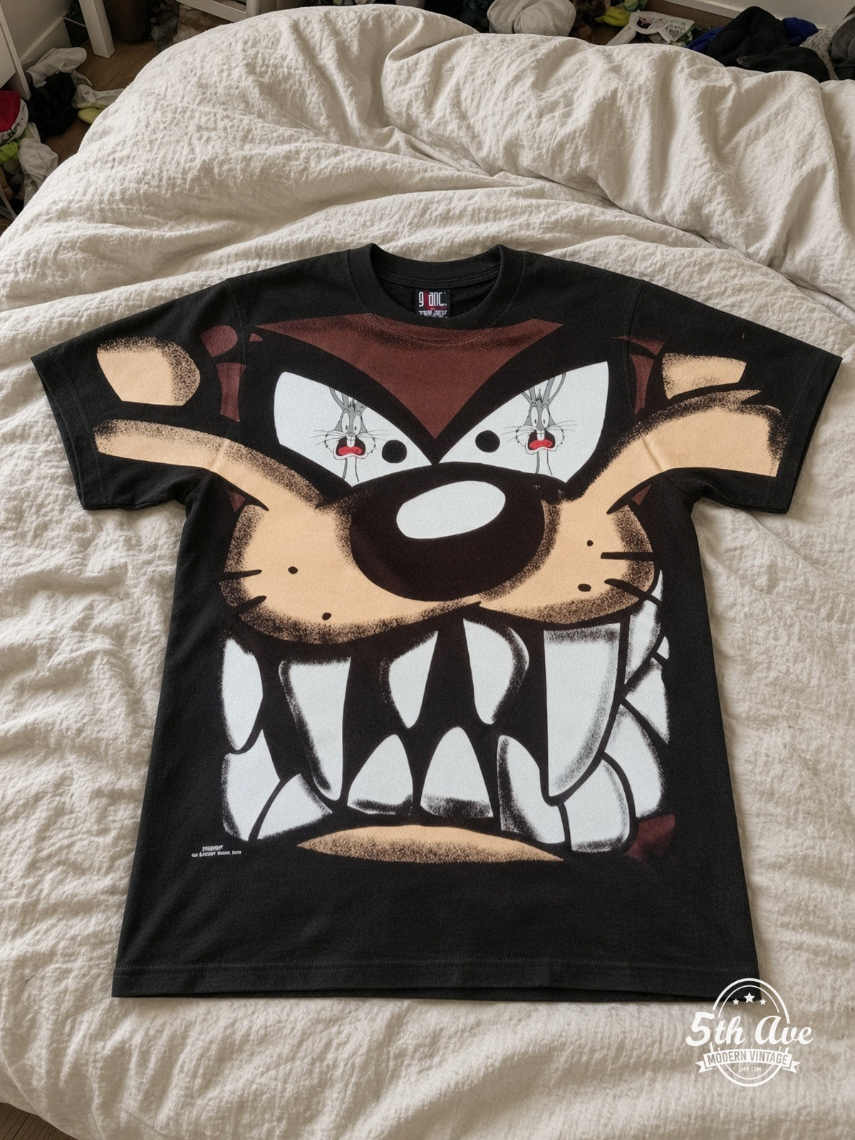 Looney Tunes Taz Giant Face Close-Up vintage tee laid on bed