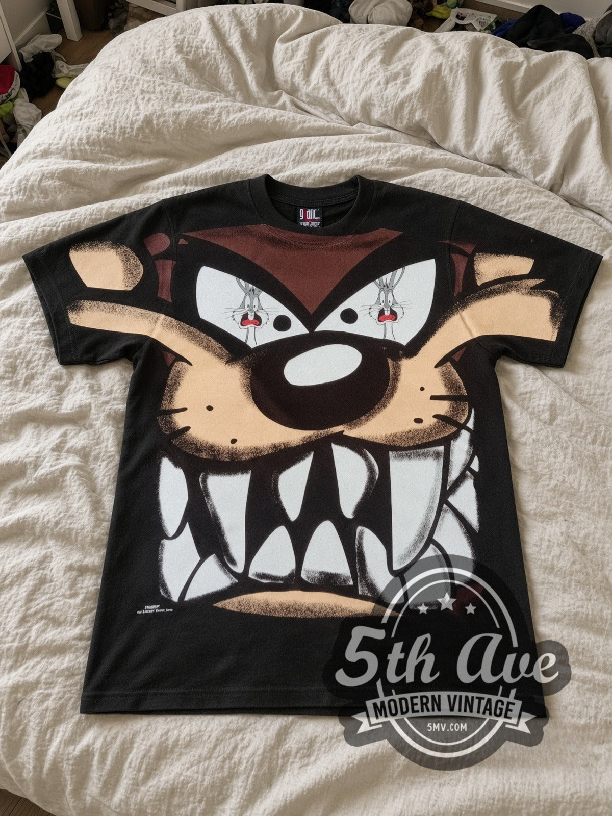 Looney Tunes Taz Giant Face Close-Up all-over-print vintage cartoon tee laid flat