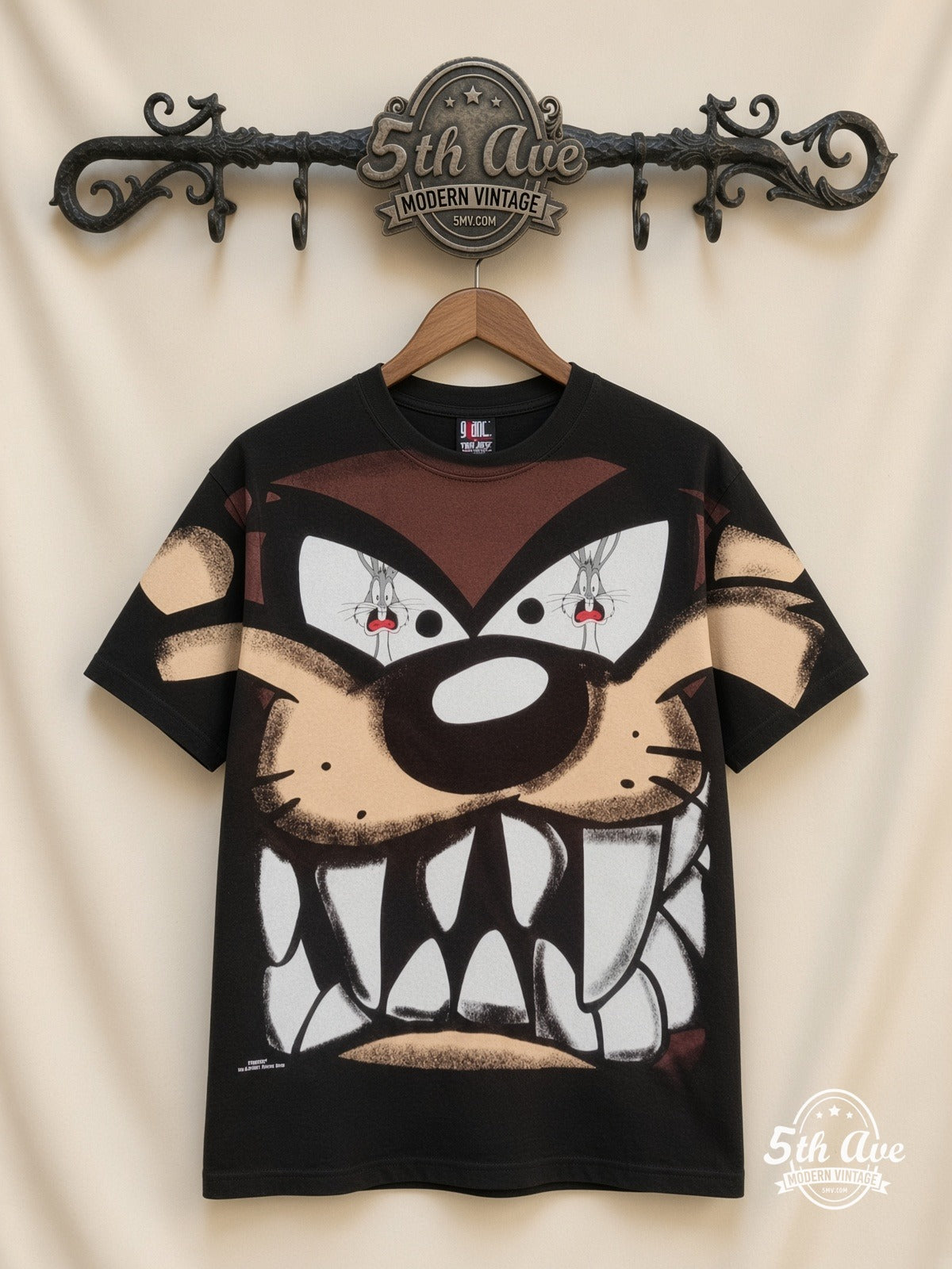 Looney Tunes Taz Giant Face Close-Up all over print vintage cartoon t-shirt front on cream 5th Ave rack
