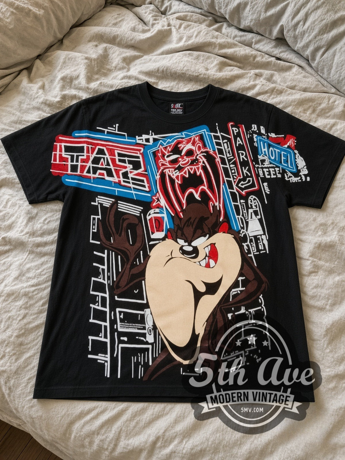 Looney Tunes Taz Graffiti Street all-over-print vintage cartoon tee in black laid flat