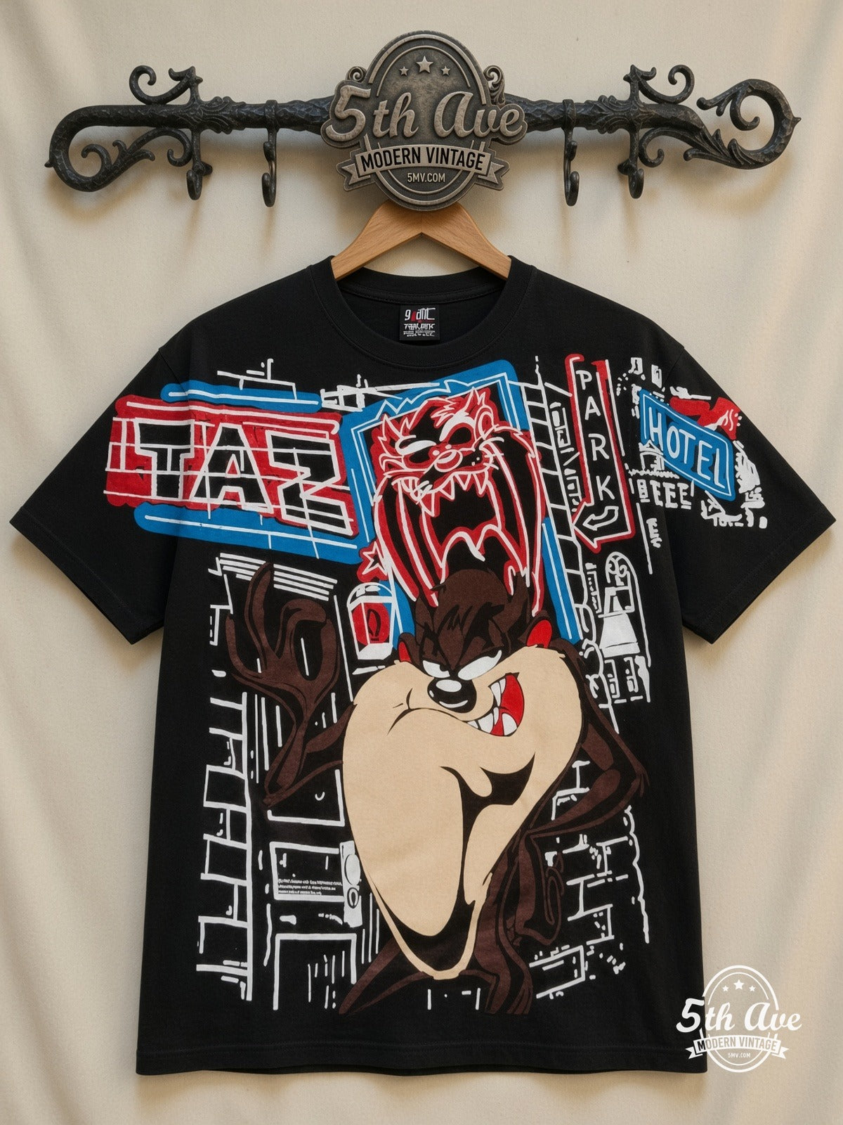 Looney Tunes Taz Graffiti Street all over print vintage cartoon t-shirt front on cream 5th Ave rack