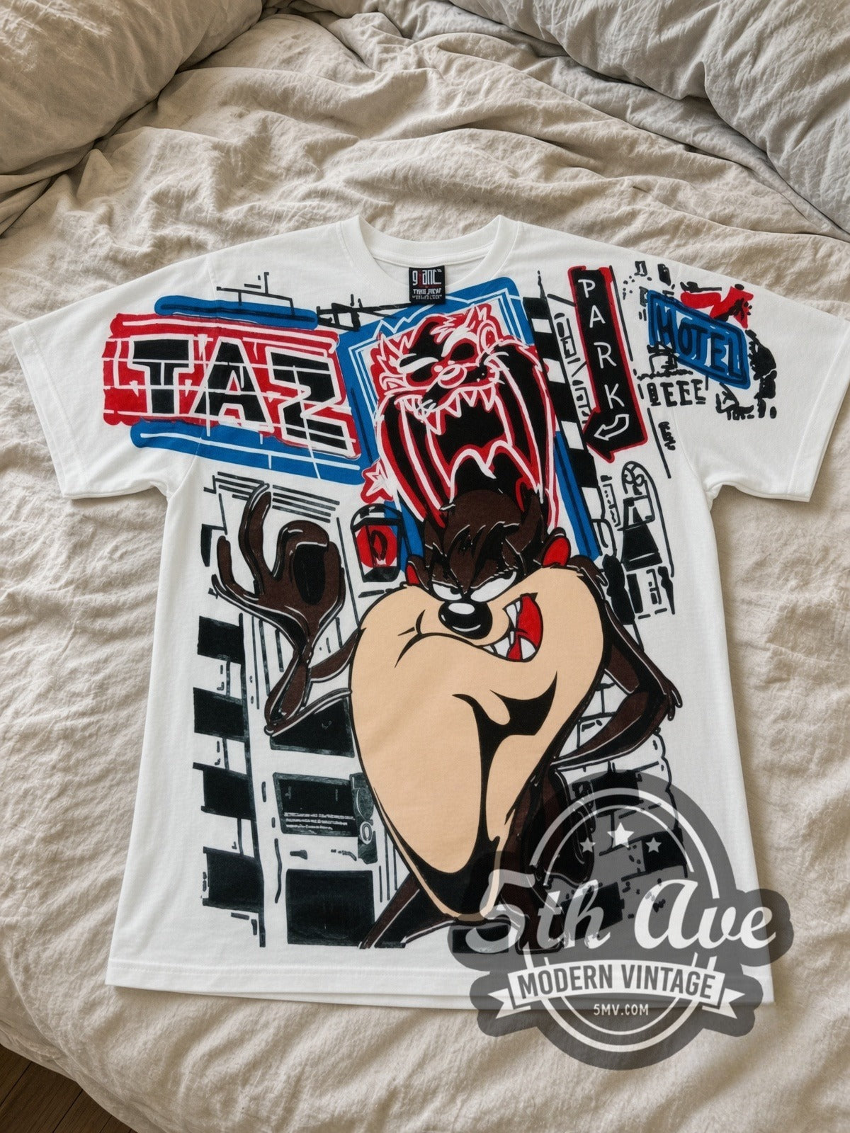 Looney Tunes Taz Graffiti Street all-over-print vintage cartoon tee in white laid flat