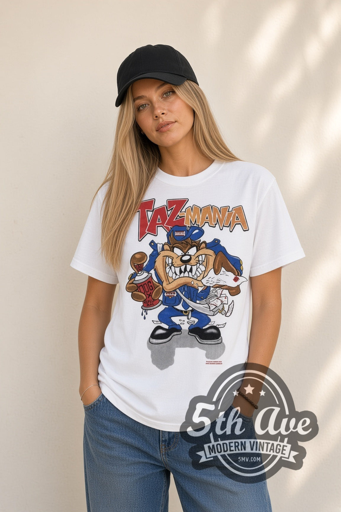 Model wearing the Looney Tunes Taz Hip-Hop Streetwear with Gossamer cartoon tee in white
