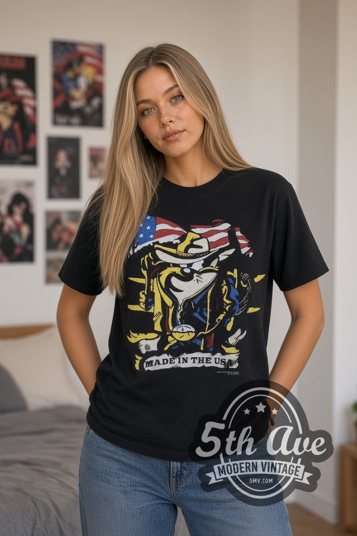 Model wearing the Looney Tunes Taz Made in the USA Cowboy Flag cartoon tee in black
