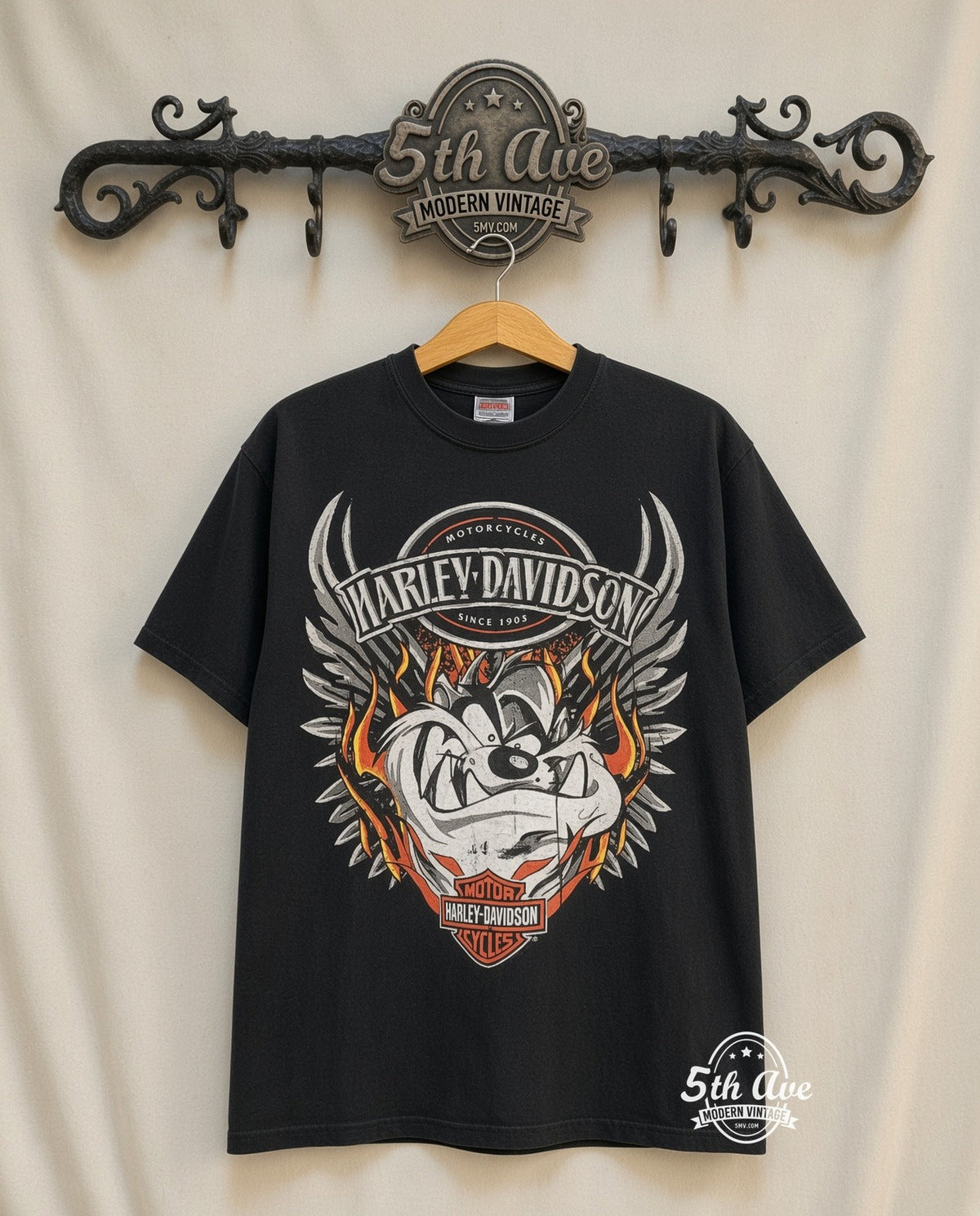 Harley-Davidson – Taz Wings Flames Live Hard Be Free – New Vintage Graphic Tee vintage tee on 5th Ave cream rack — front