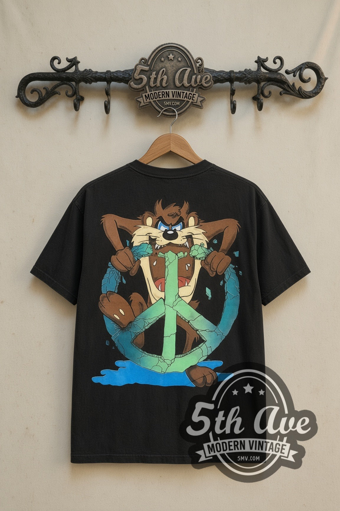 Looney Tunes Taz Peace Sign cartoon tee in black, back view on a display rack