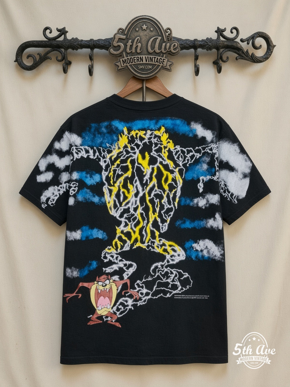 Looney Tunes Taz Tornado Lightning all over print vintage tee back on cream 5th Ave rack