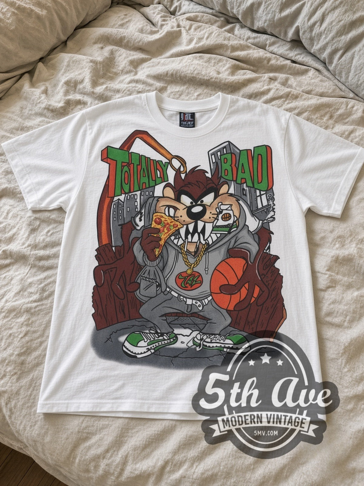 Looney Tunes Taz Totally Bad all-over-print vintage cartoon tee in white laid flat
