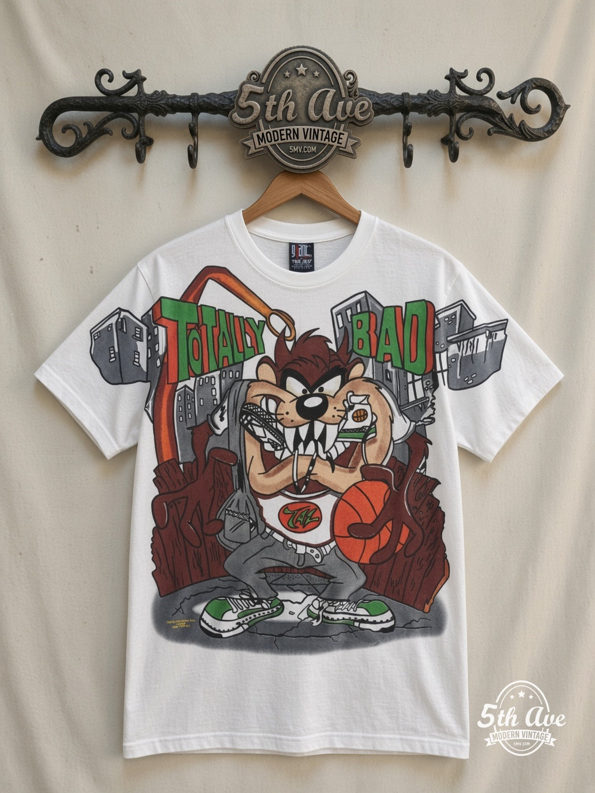 Looney Tunes Taz Totally Bad Hip-Hop all over print vintage cartoon t-shirt front on cream 5th Ave rack