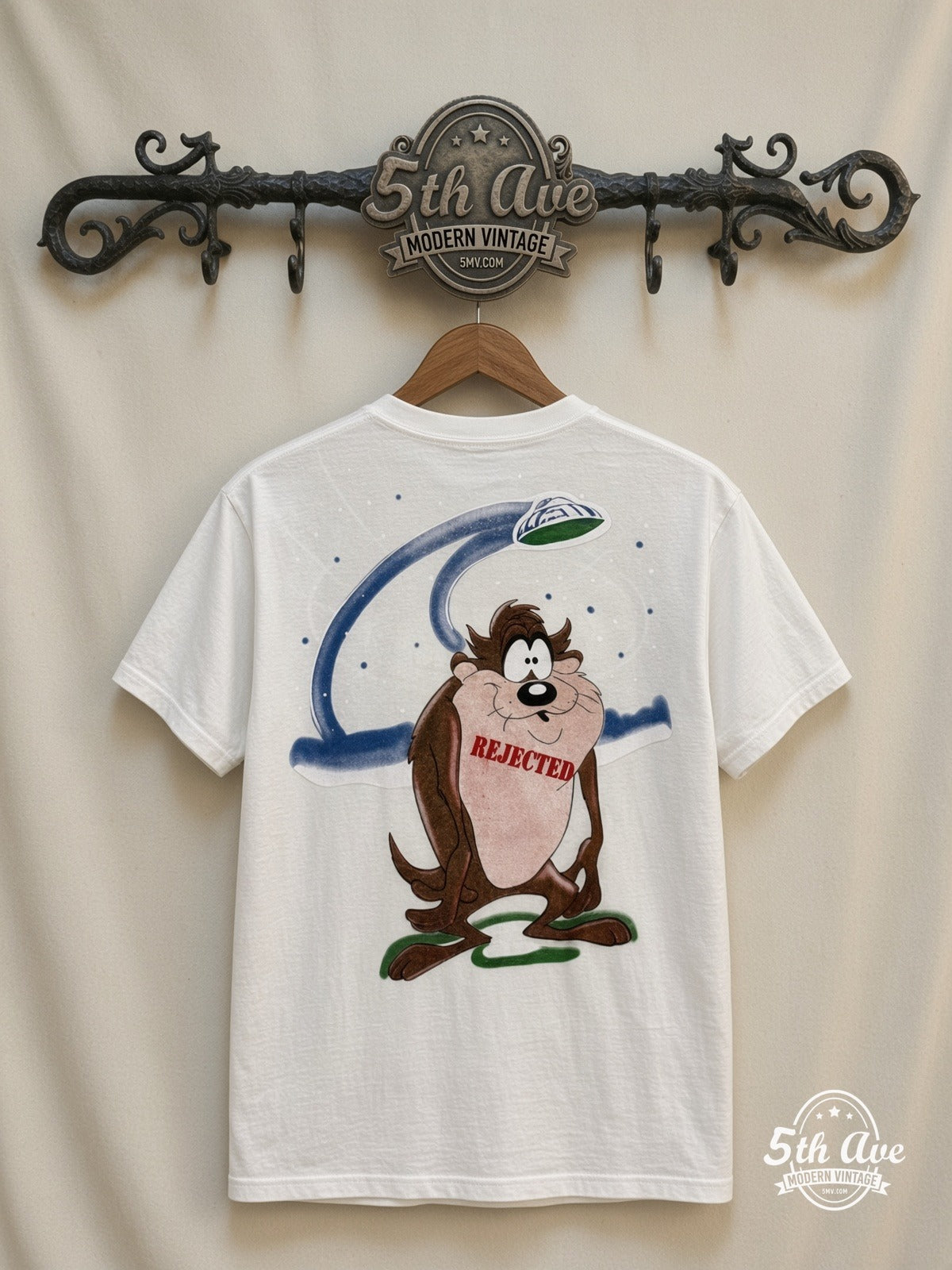 Looney Tunes Taz UFO Abduction all over print vintage tee back on cream 5th Ave rack