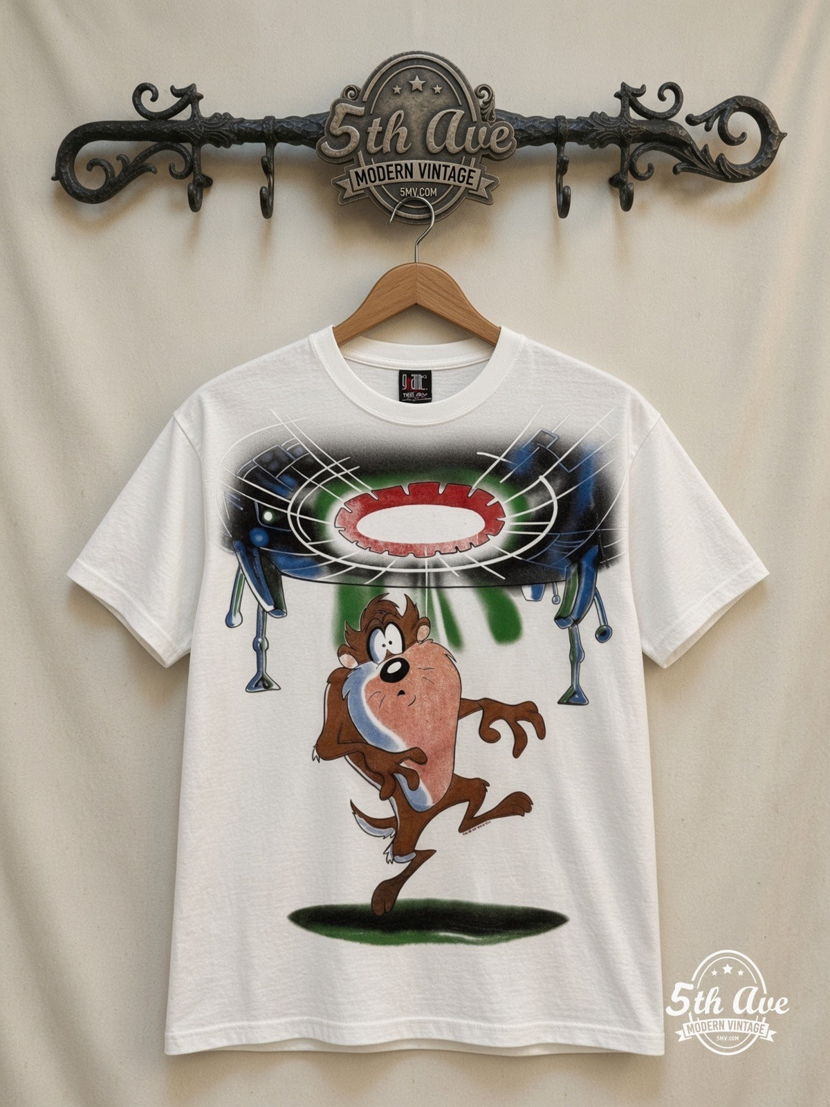 Looney Tunes Taz UFO Abduction all over print vintage cartoon t-shirt front on cream 5th Ave rack