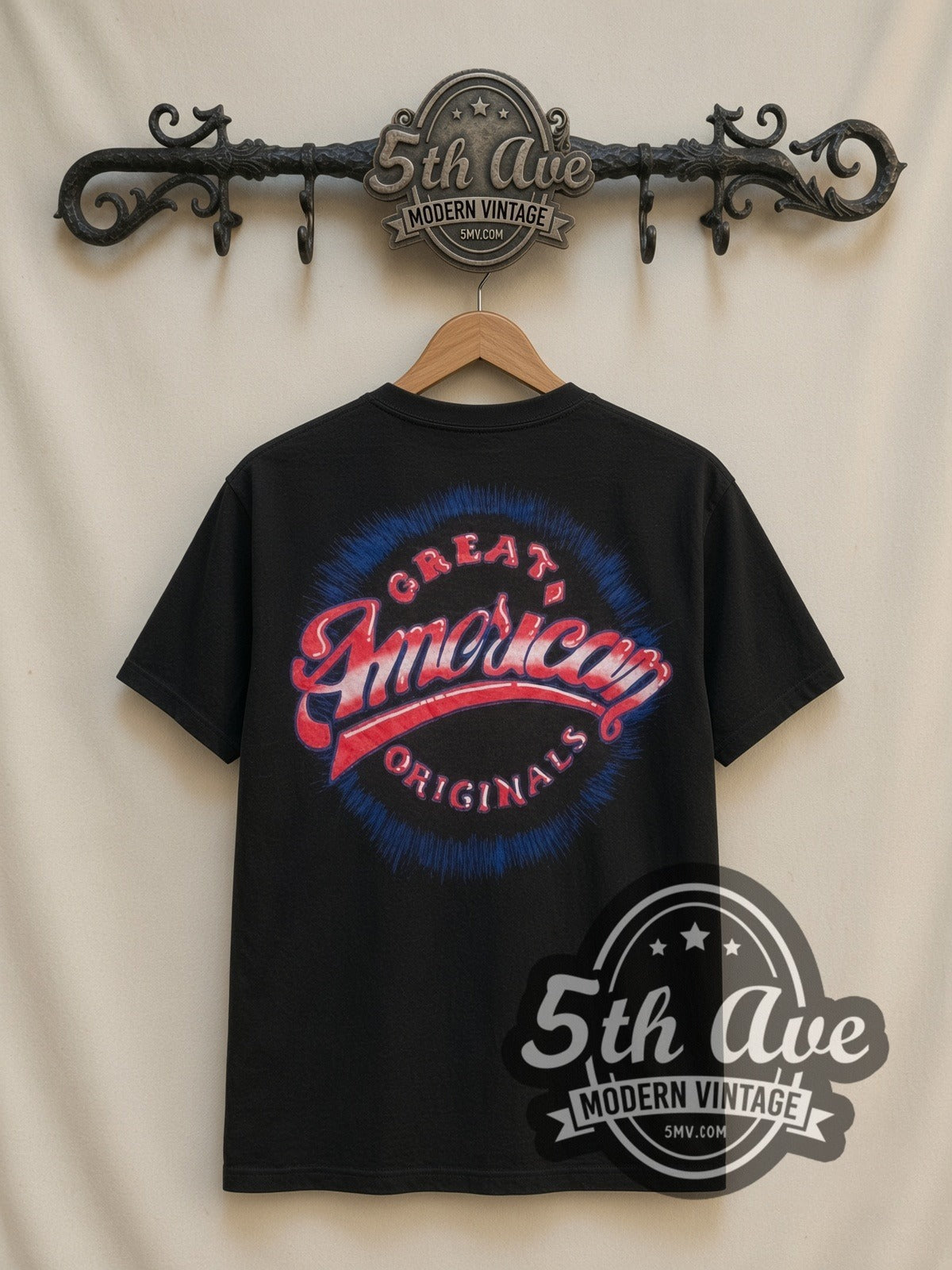 Looney Tunes Taz USA Flag all-over-print vintage cartoon t-shirt in black, back view on a display rack