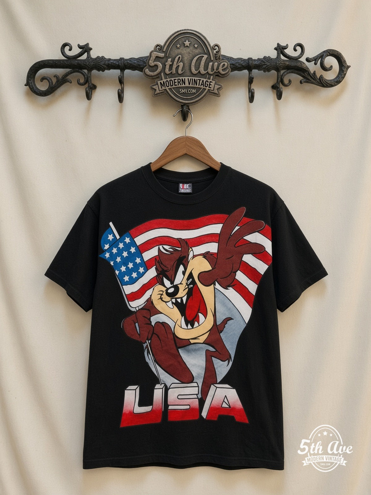 Looney Tunes Taz USA Flag all over print vintage cartoon t-shirt front on cream 5th Ave rack