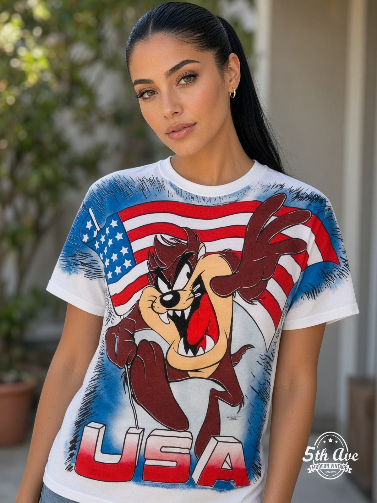 Looney Tunes Taz USA Flag vintage tee model wearing