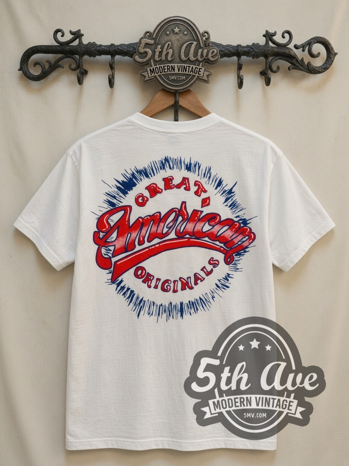 Looney Tunes Taz USA Flag all-over-print vintage cartoon t-shirt in white, back view on a display rack