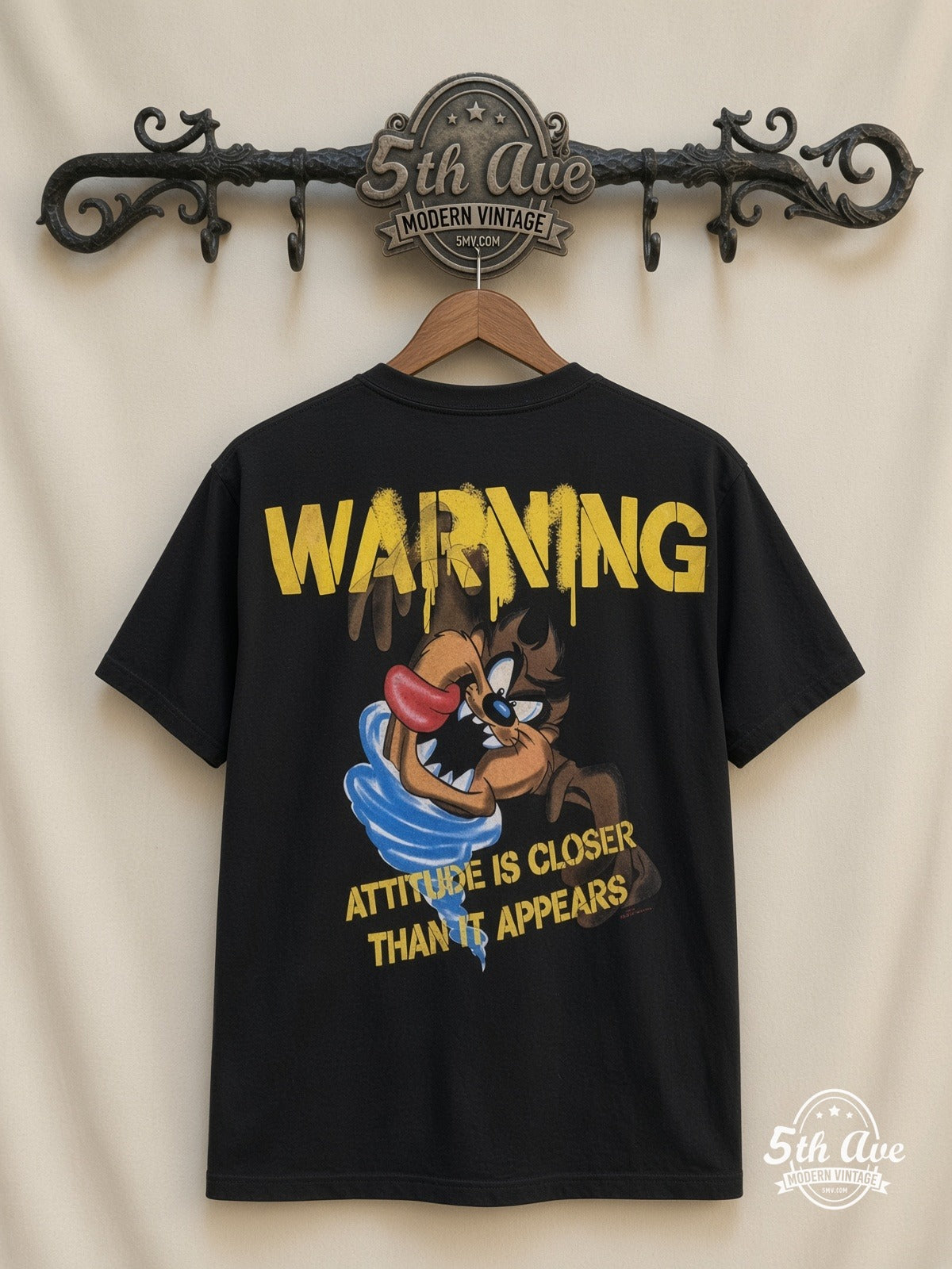 Looney Tunes Taz Warning Attitude all over print vintage tee back on cream 5th Ave rack