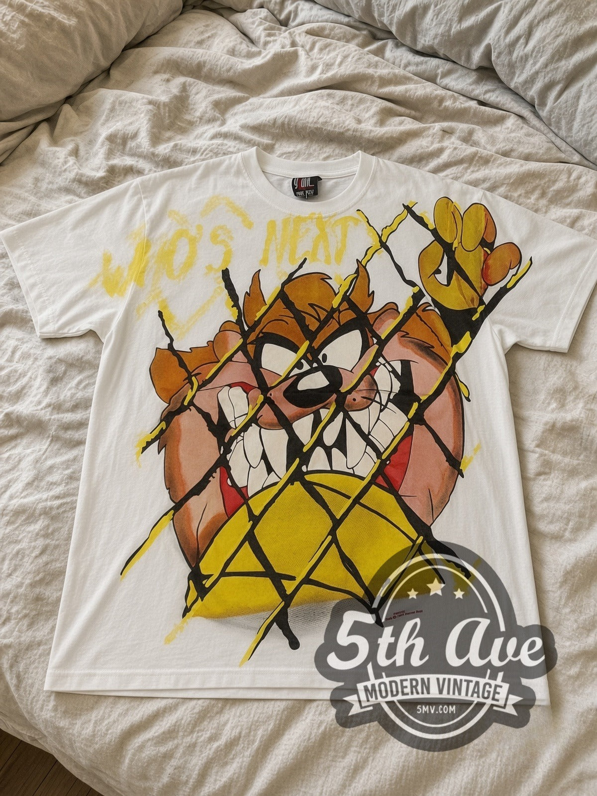 Looney Tunes Taz Who's Next all-over-print vintage cartoon tee in white laid flat
