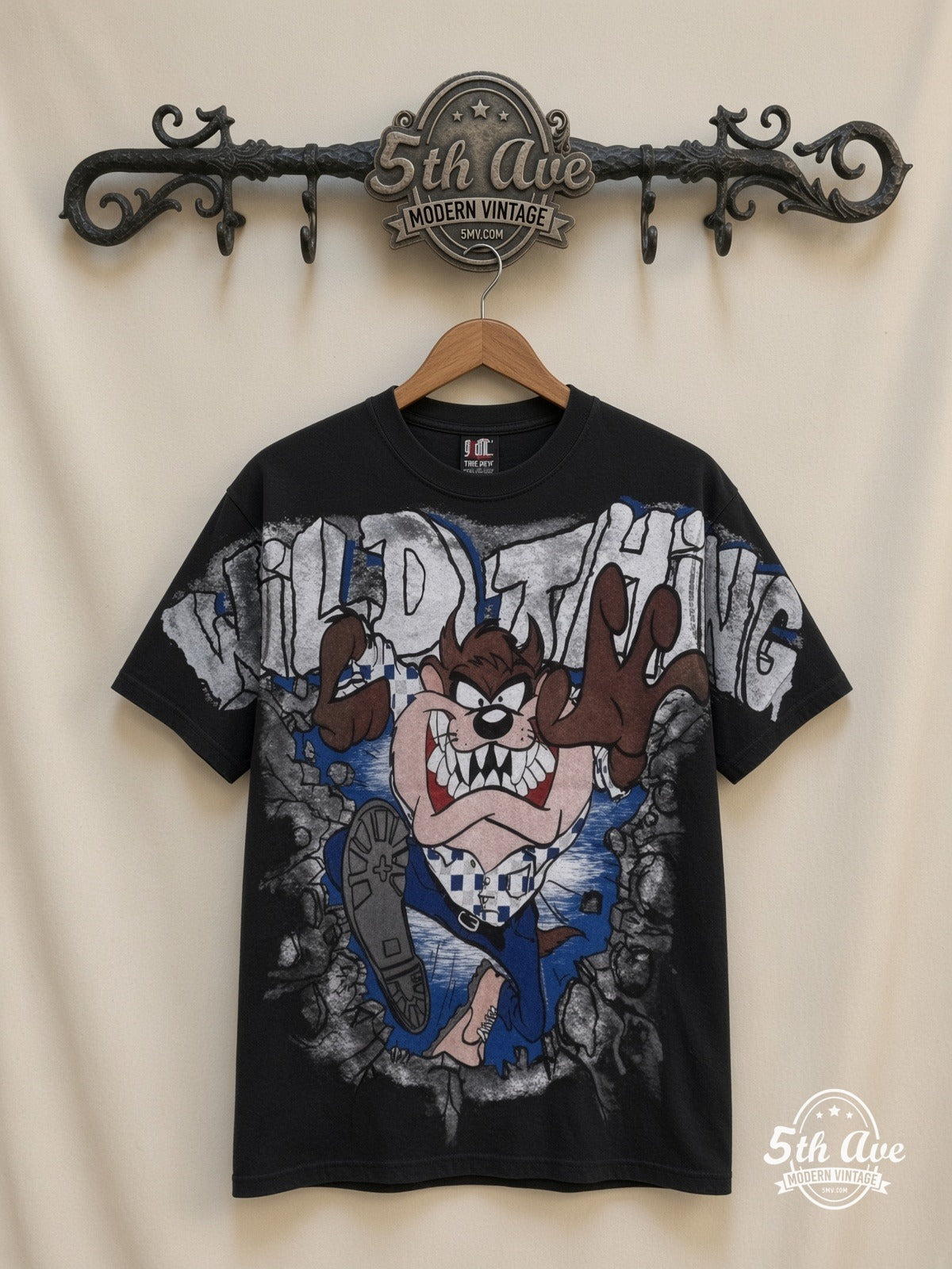 Looney Tunes Taz Wild Thing all over print vintage cartoon t-shirt front on cream 5th Ave rack