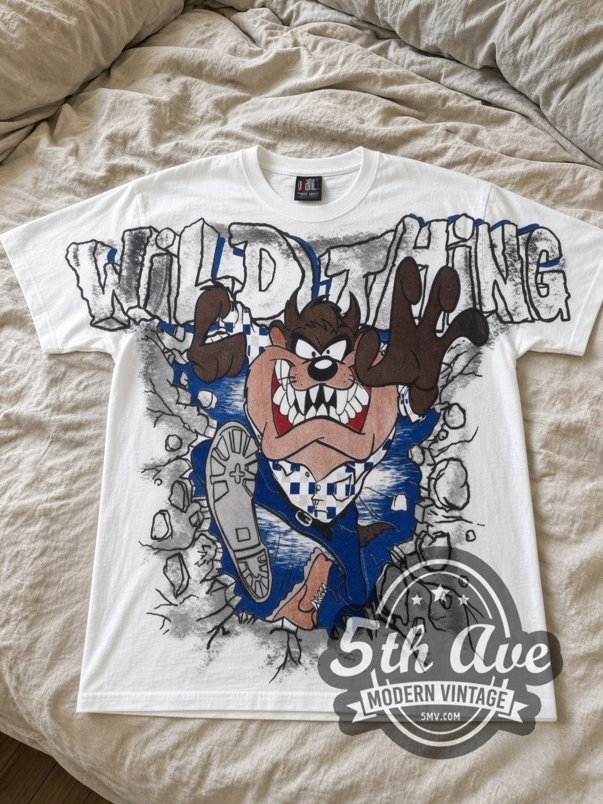 Looney Tunes Taz Wild Thing all-over-print vintage cartoon tee in white laid flat