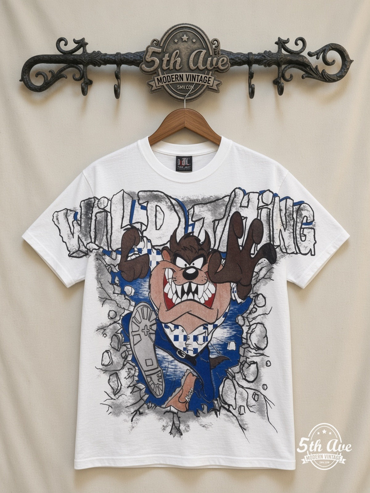 Looney Tunes Taz Wild Thing all over print vintage cartoon t-shirt front on cream 5th Ave rack