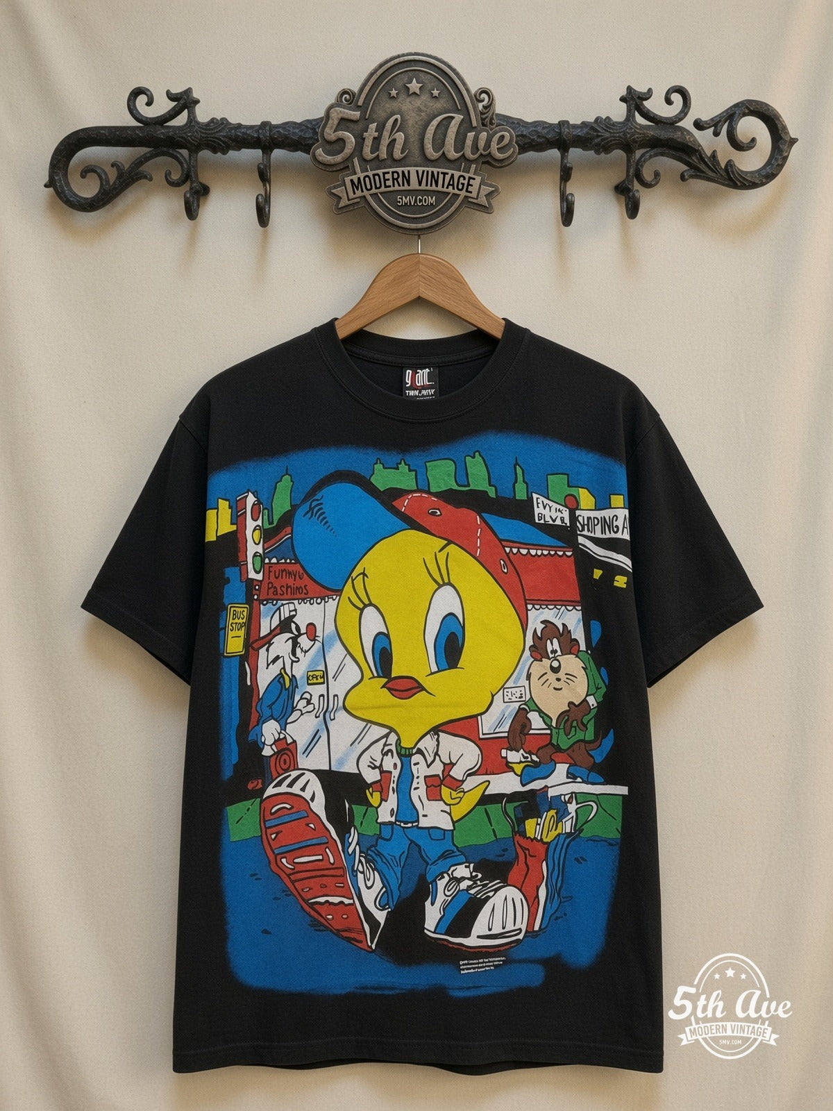 Looney Tunes Tweety Streetwear City all over print vintage cartoon t-shirt front on cream 5th Ave rack