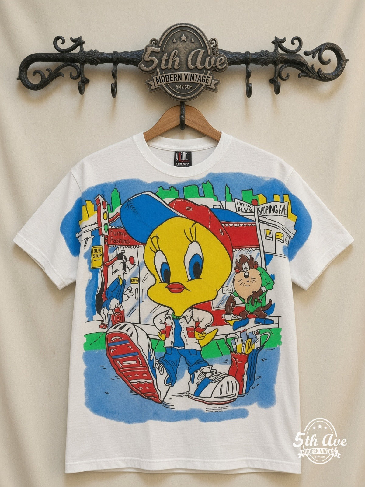 Looney Tunes Tweety Streetwear City all over print vintage cartoon t-shirt front on cream 5th Ave rack