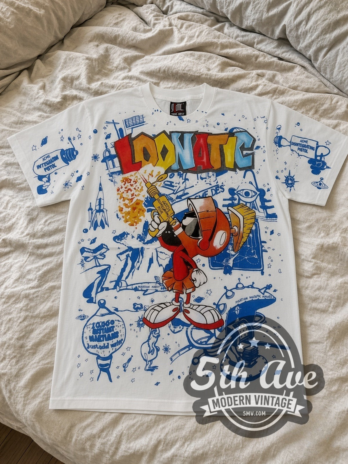Looney Tunes Marvin the Martian Loonatic all-over-print vintage cartoon tee laid flat