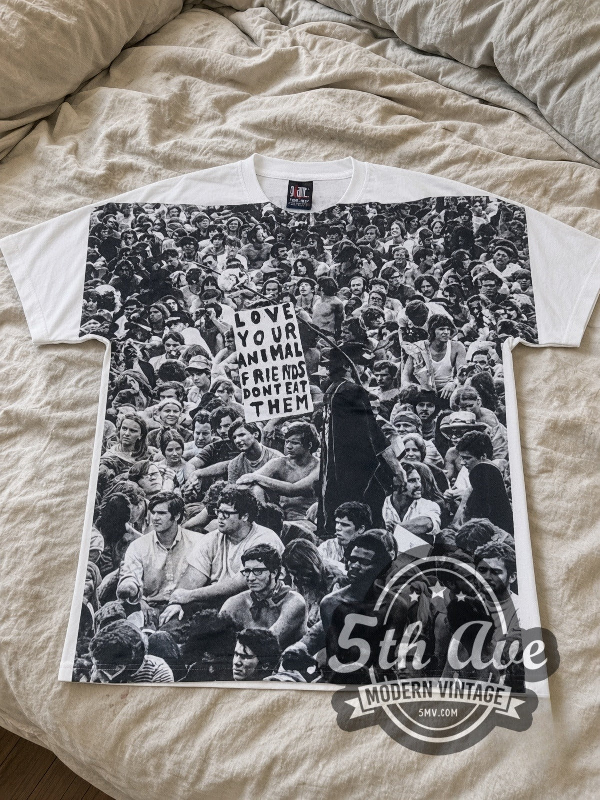 Love Your Animals Dont Eat Them Crowd all-over-print vintage graphic tee laid flat