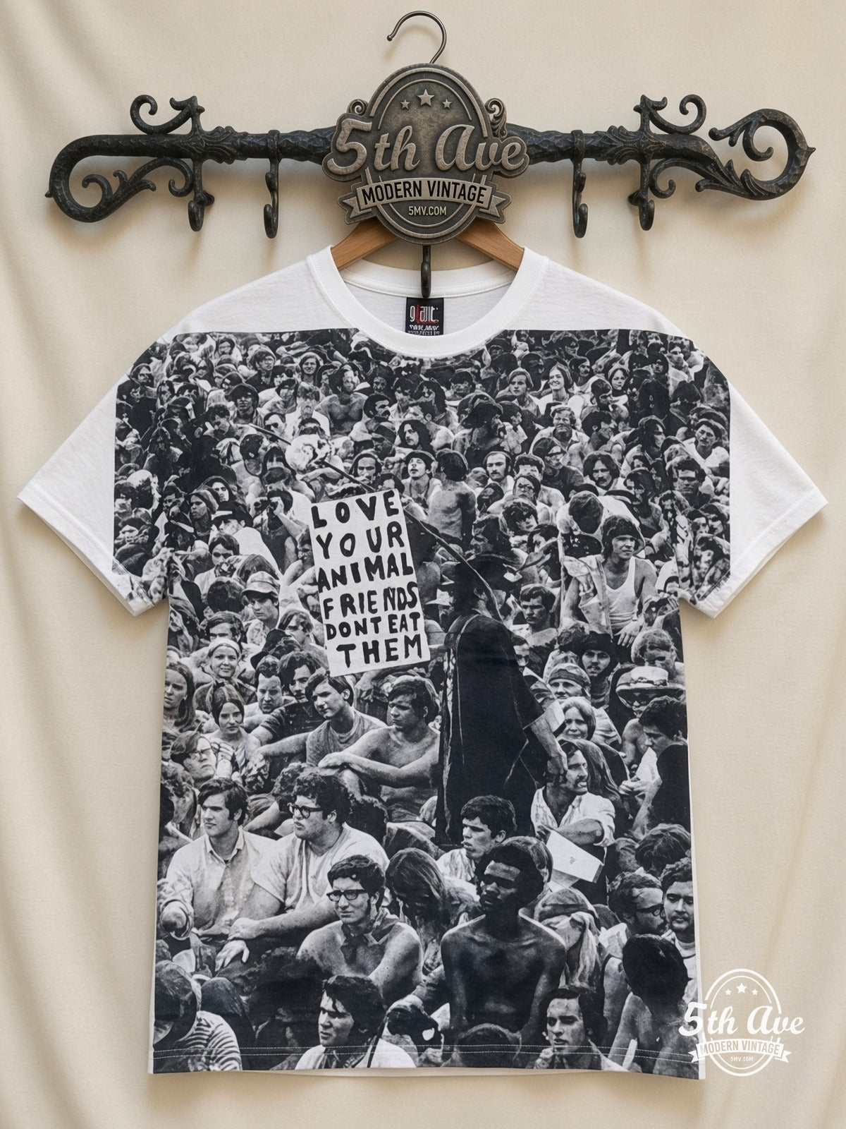 Love Your Animals Dont Eat Them Crowd all over print vintage band t-shirt front on cream 5th Ave rack