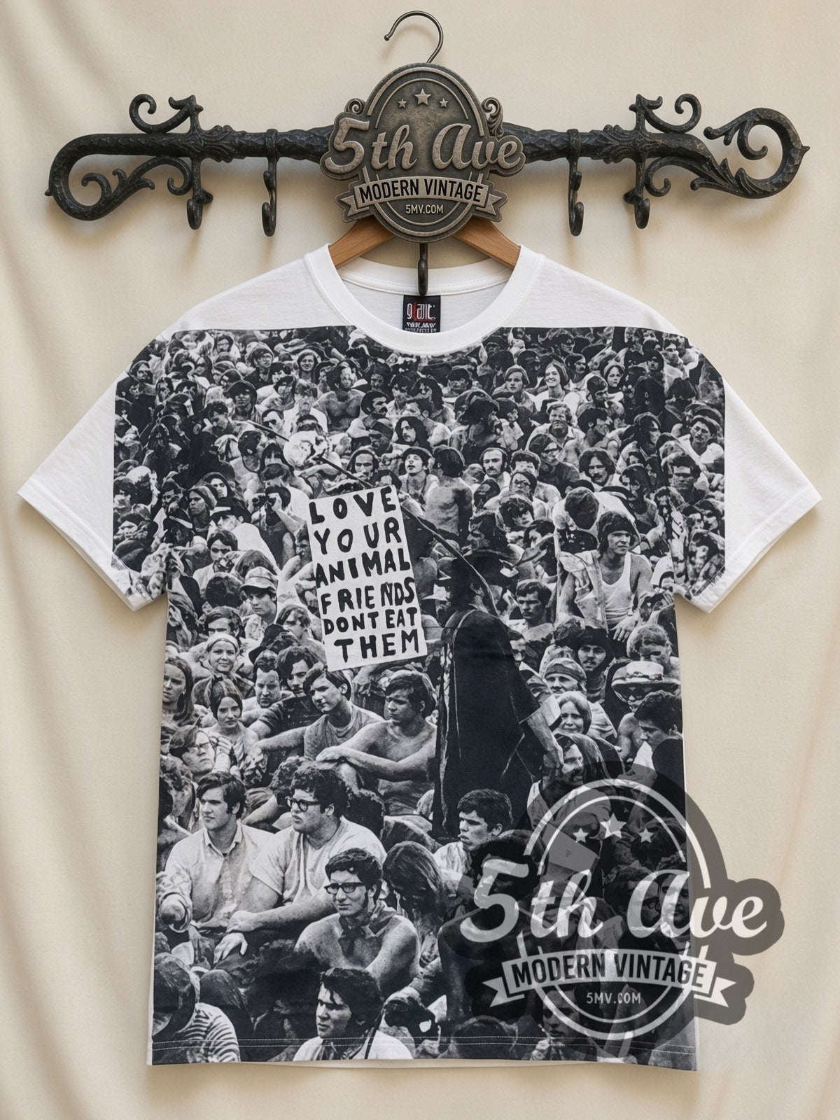 Love Your Animals Dont Eat Them Crowd all-over-print vintage graphic tee in white, front view on a display rack