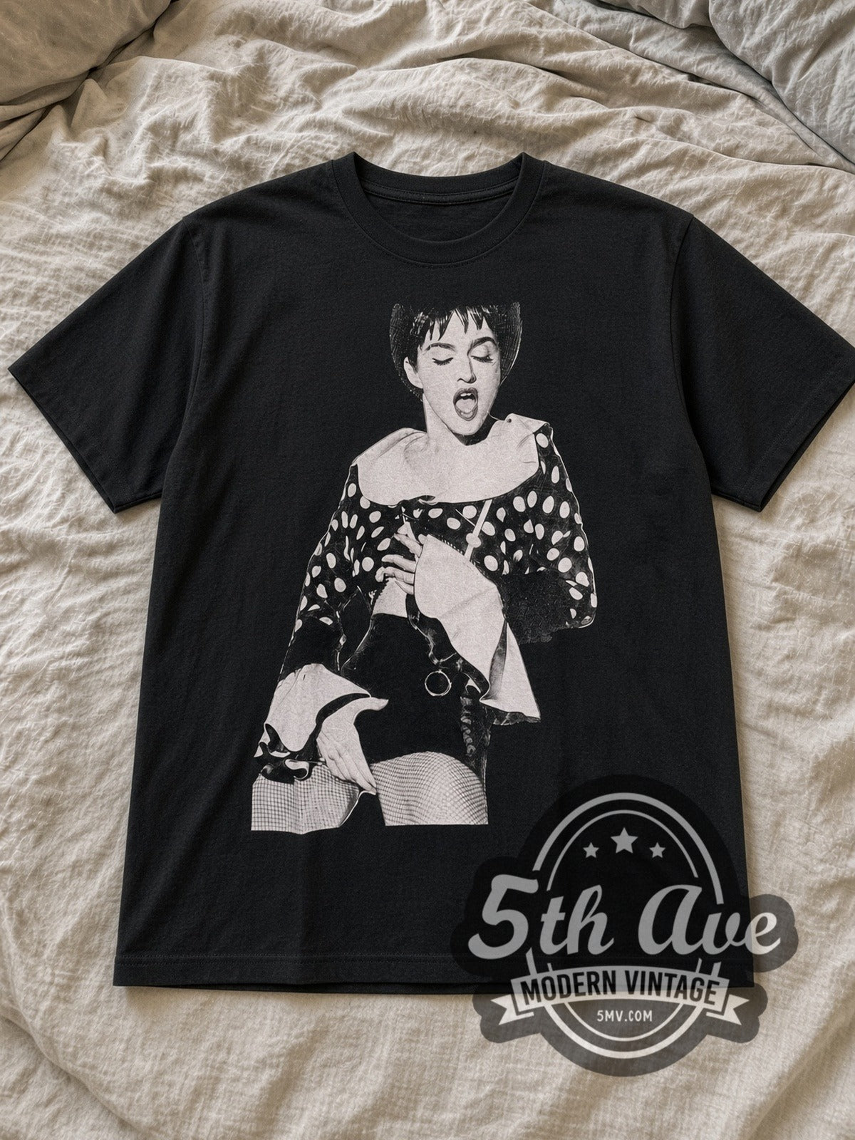 Black Madonna Polka Dot Jacket Fishnets Portrait Vintage Band T-Shirt laid flat on a linen bed
