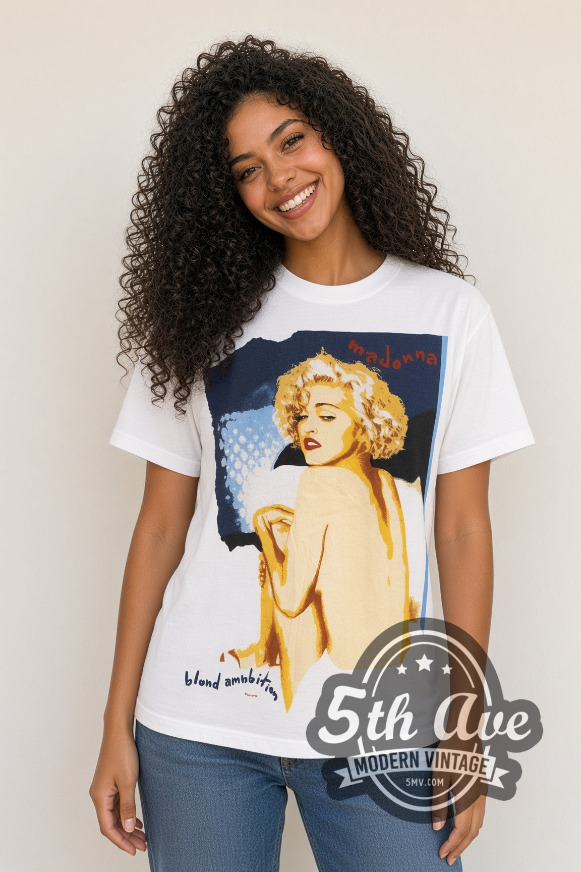 Woman wearing white Madonna Blond Ambition World Tour vintage band t-shirt