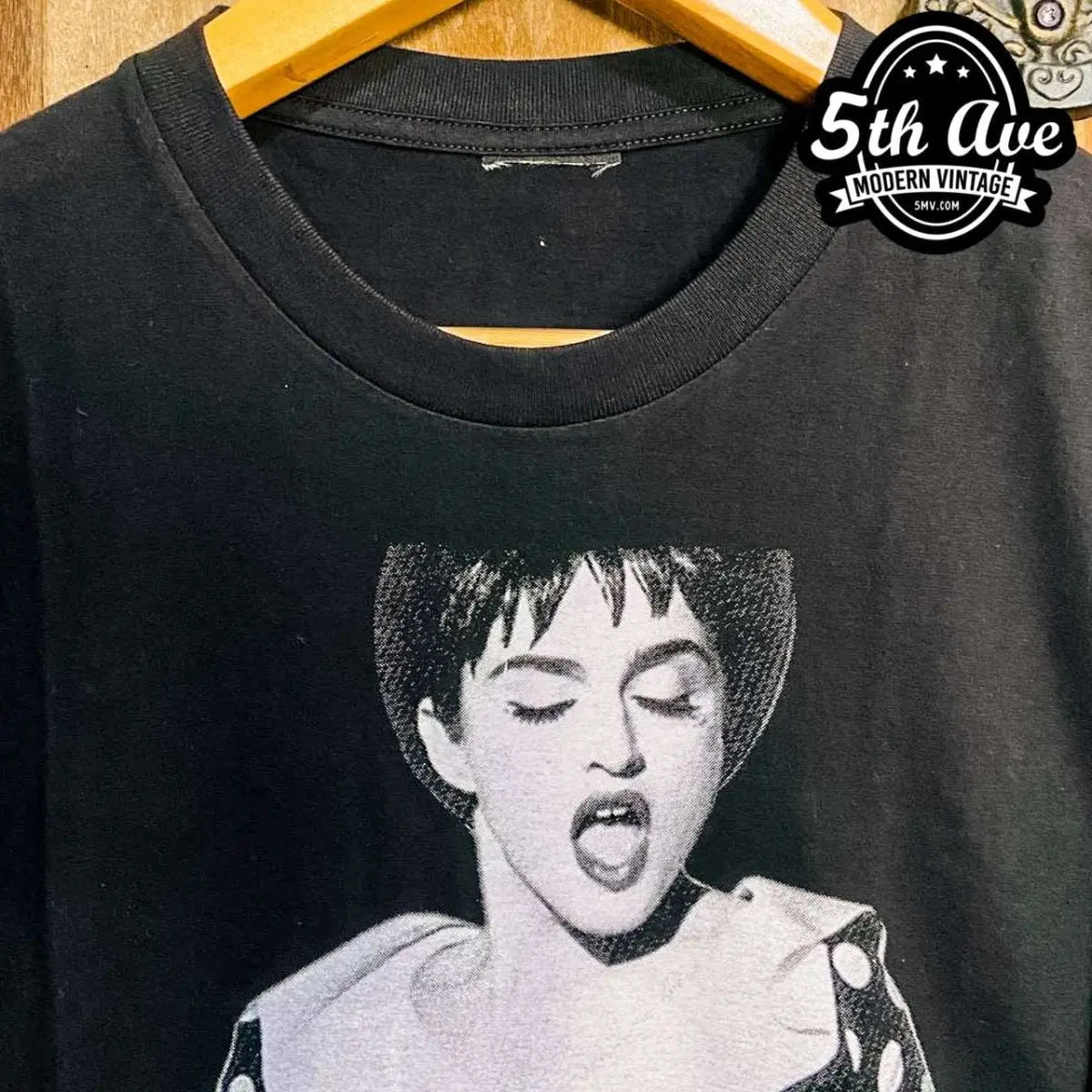 Model wearing Madonna – Polka Dot Jacket Fishnets Portrait vintage band tee