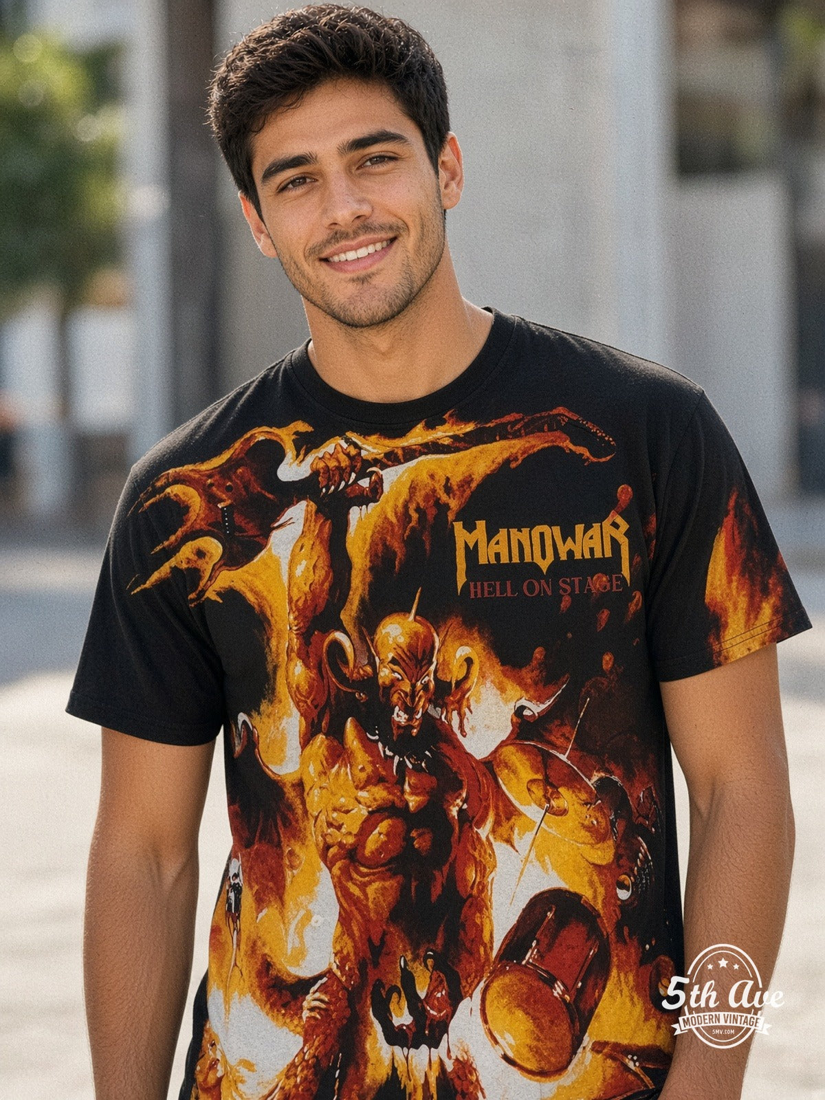 Manowar Burning Death Destruction all over print vintage tee model wearing