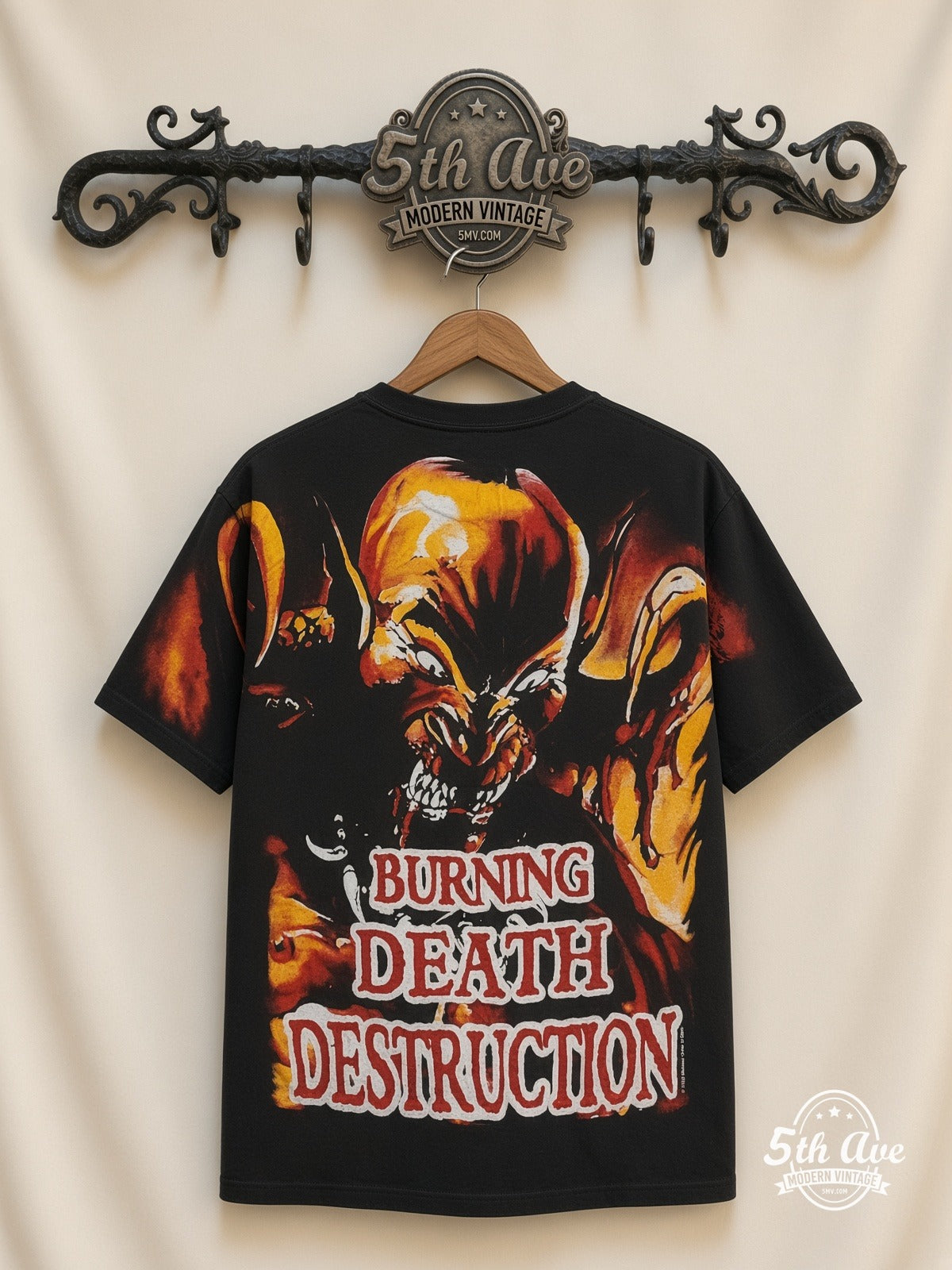 Manowar Burning Death Destruction all over print vintage tee back on cream 5th Ave rack
